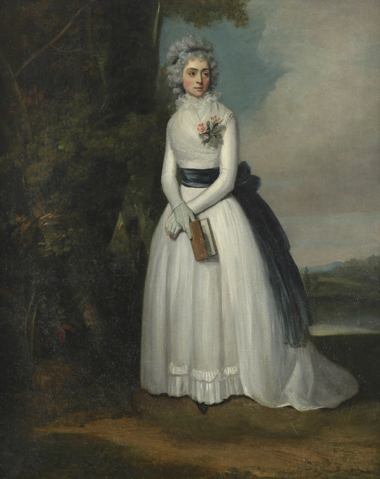 Portrait of Anne Jewell, née Edwards, in a white dress with blue sash, standing in a landscape by English School