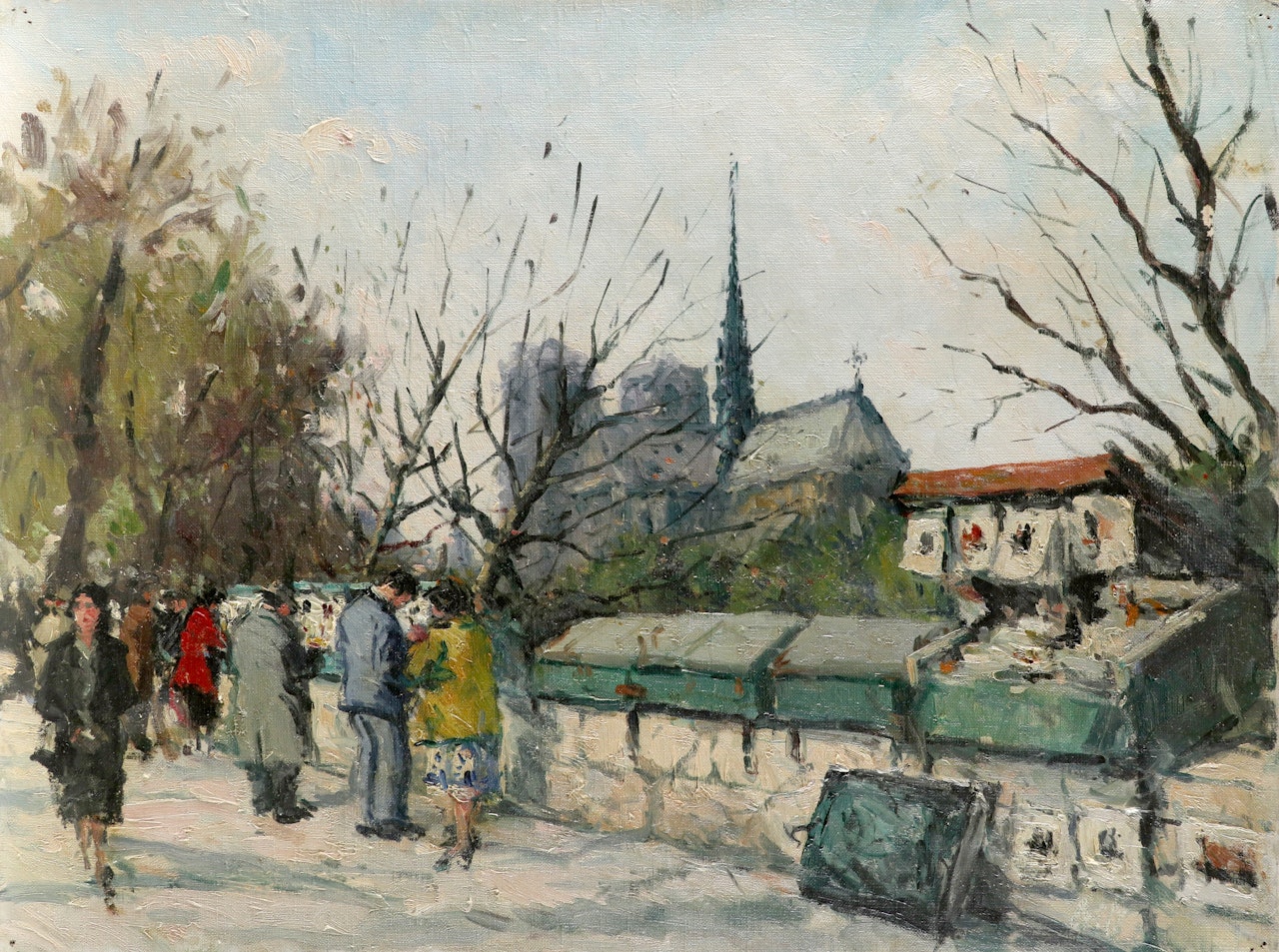 Bouquinistes by the Seine, Paris, Notre Dame beyond by French School