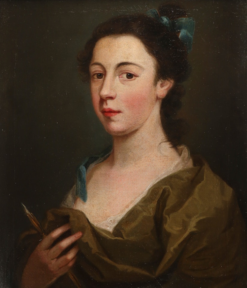 Portrait of a female artist, bust-length, holding a pen by English School