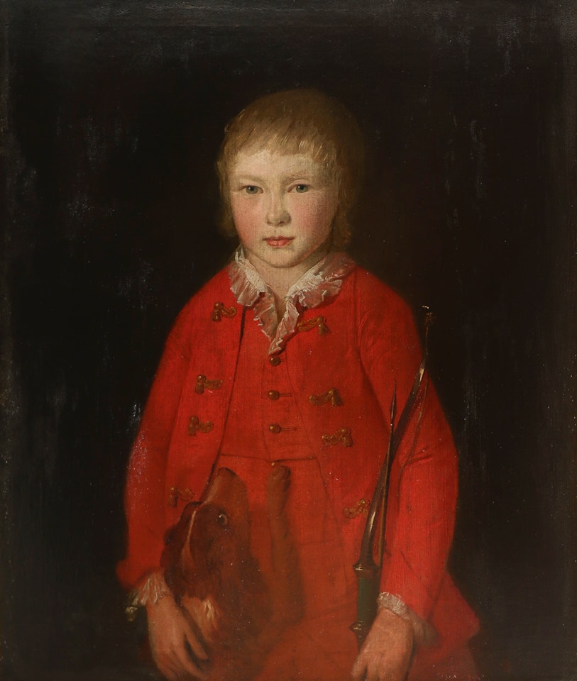 Portrait of a child in a red coat, three-quarter length, with a dog and holding a bow and arrow by English School