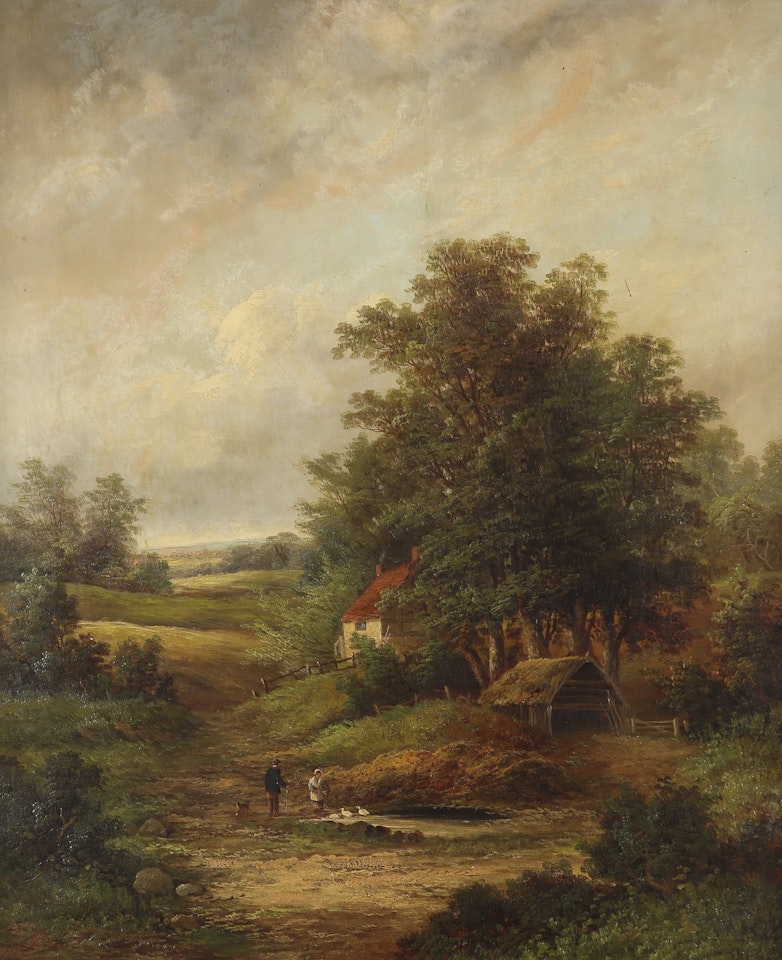 Landscape with figures by a pond, a cottage beyond by English School