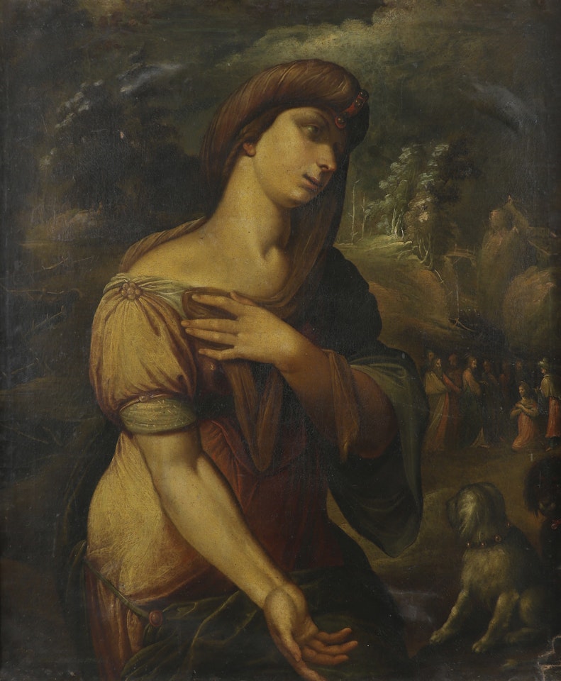 The Canaanite woman, with Christ and the apostles beyond by Italian School