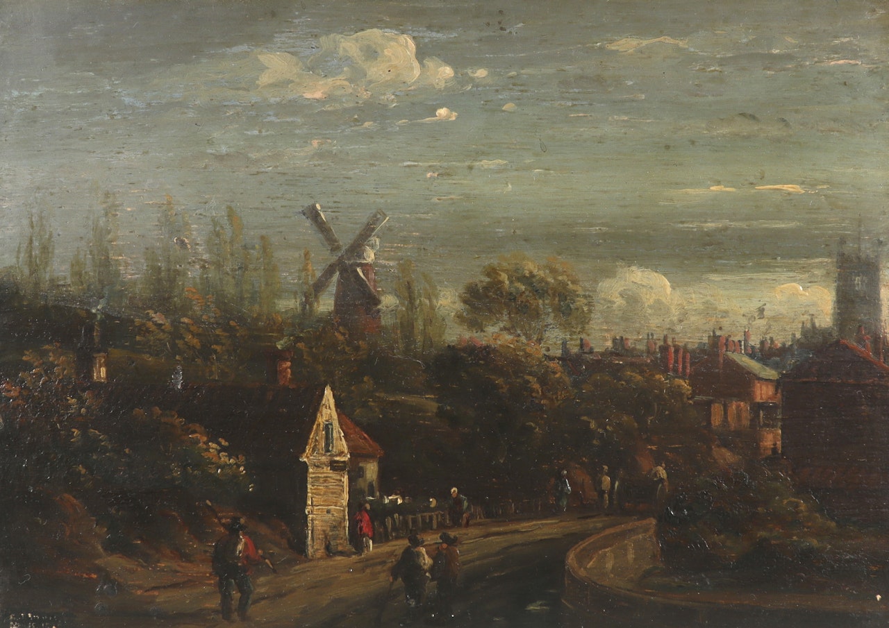 Figures on a road outside a town; Figures outside a farm building by English School
