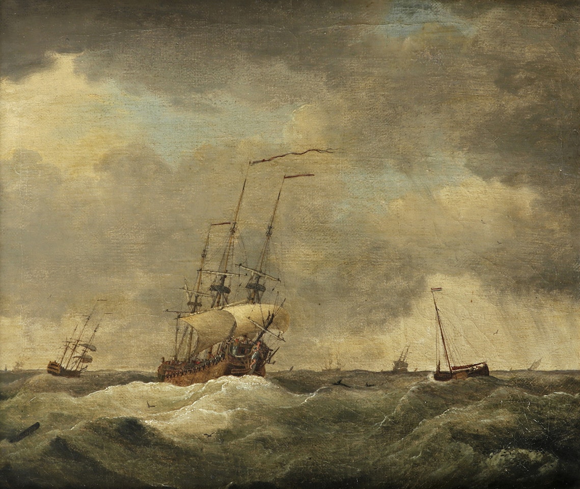 Reefed ship in high winds by Francis Swaine