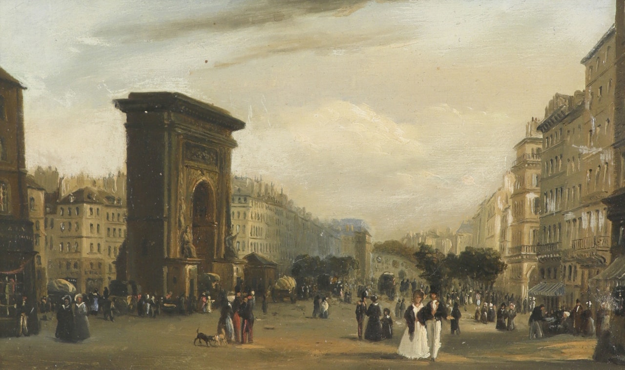 Figures below the Porte Saint-Denis, Paris by French School