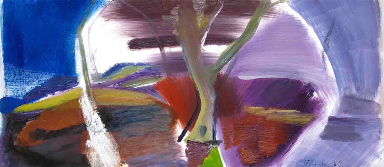 Dark downs through trees by Ivon Hitchens