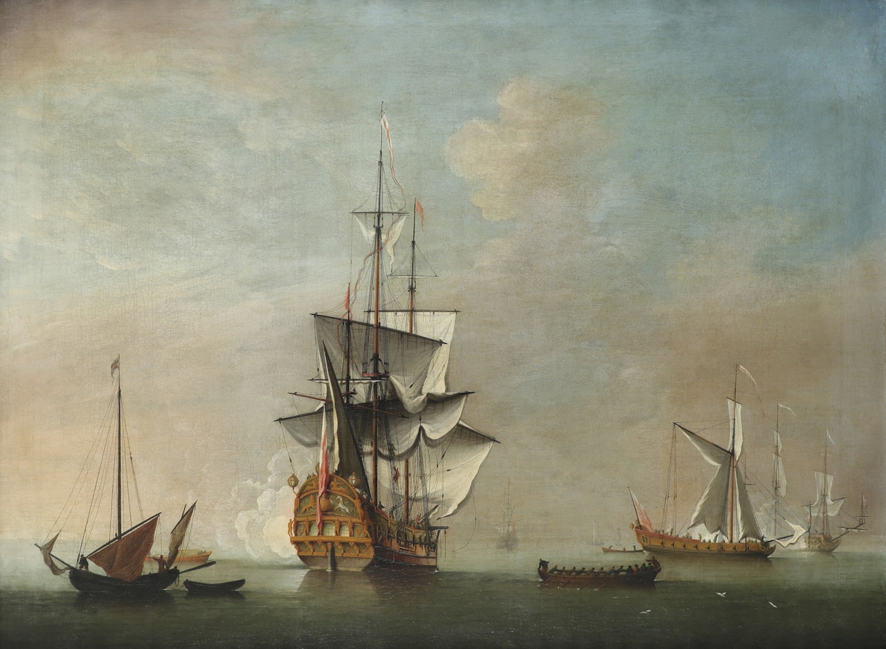 A Royal Man-o"-war firing a salvo, with another ship in calm water by Peter Monamy