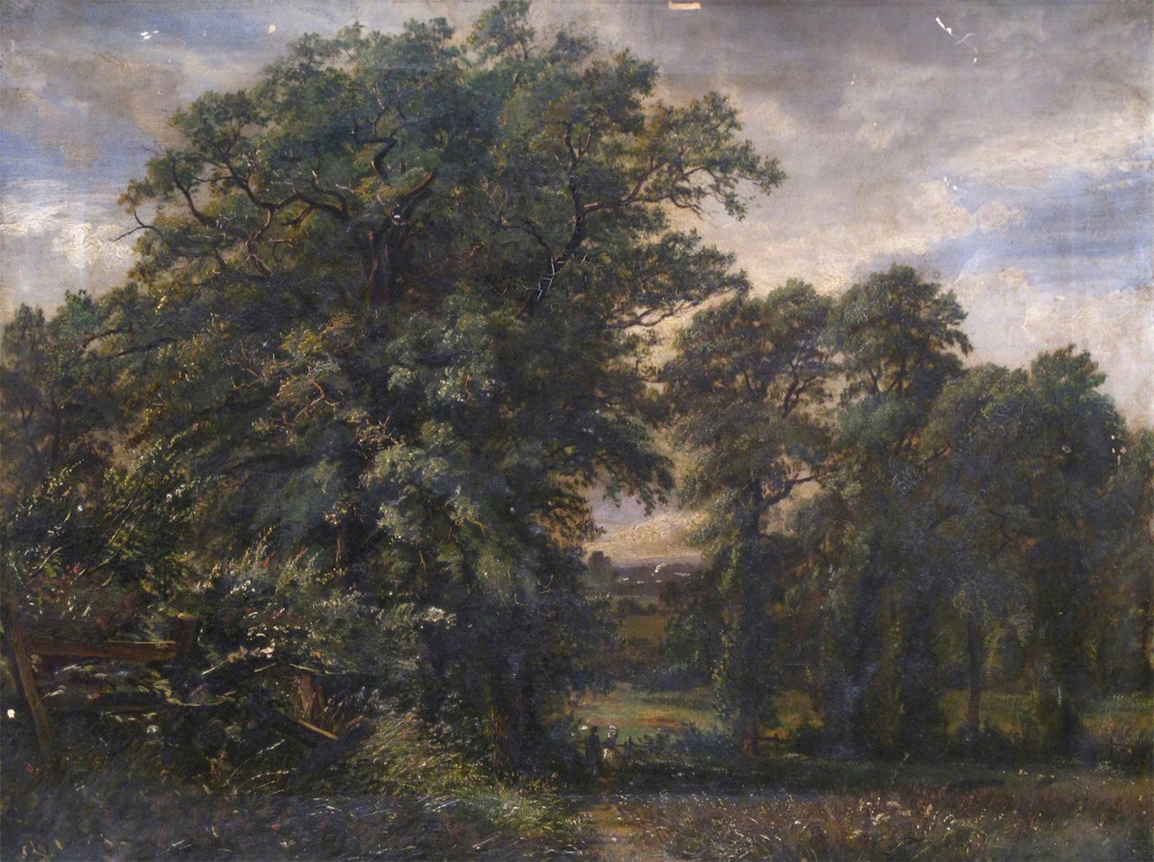 Landscape, probably Wardour Castle, with a couple on a path by a gate by Lionel Constable