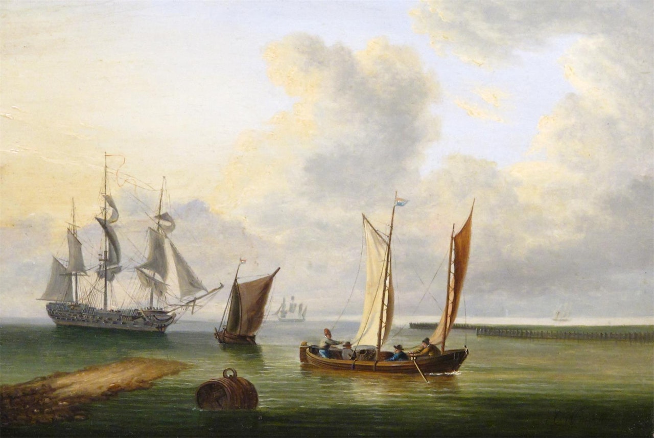 Dutch fishing boats and a three-master off the coast by Charles Martin Powell