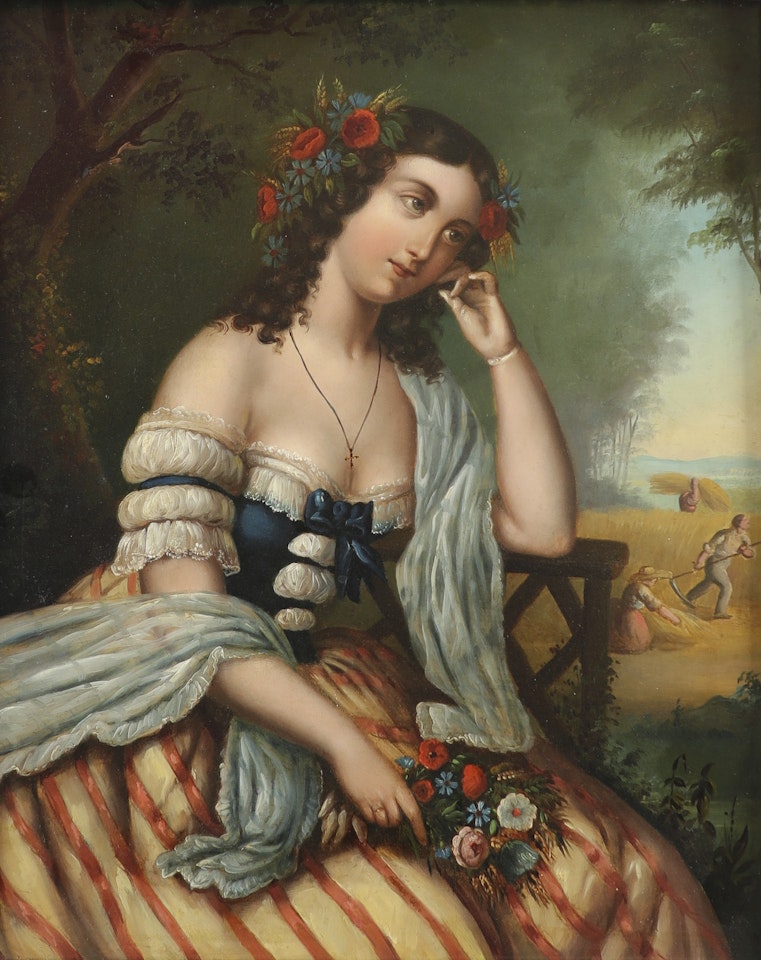 Portrait of a young woman in a landscape, harvesting beyond by Continental School
