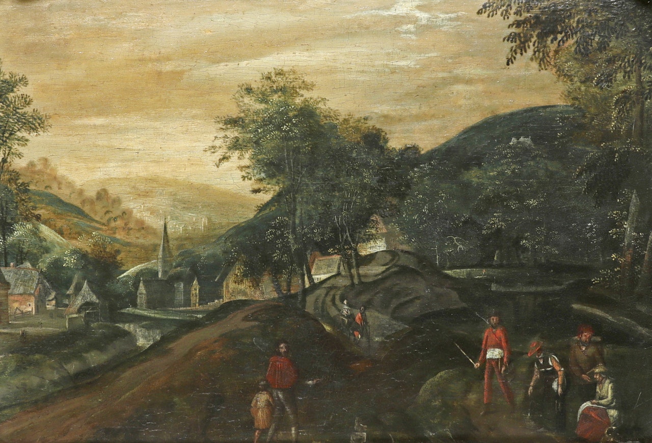 Peasants in an extensive hilly landscape by Flemish School