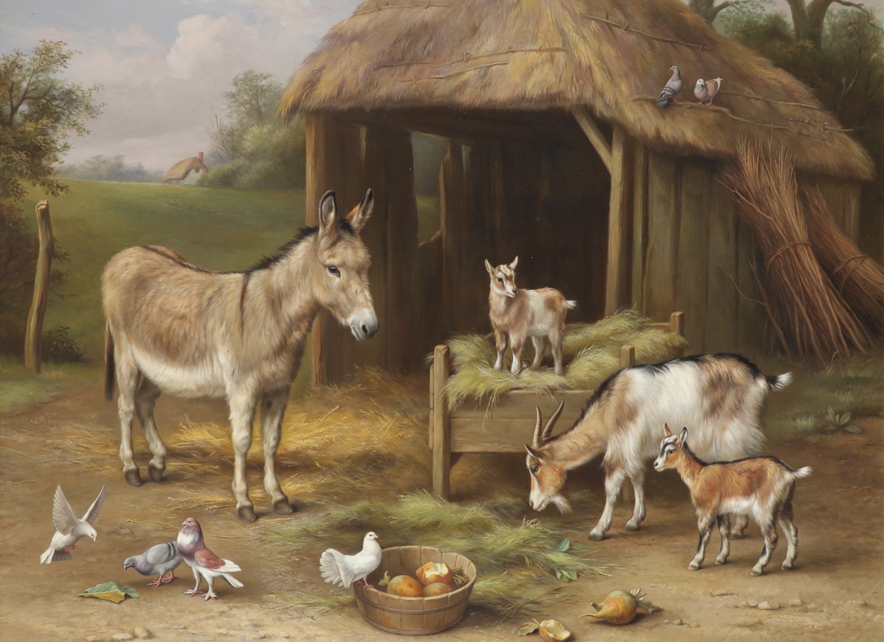 Donkeys and goats outside a barn by Edgar Hunt