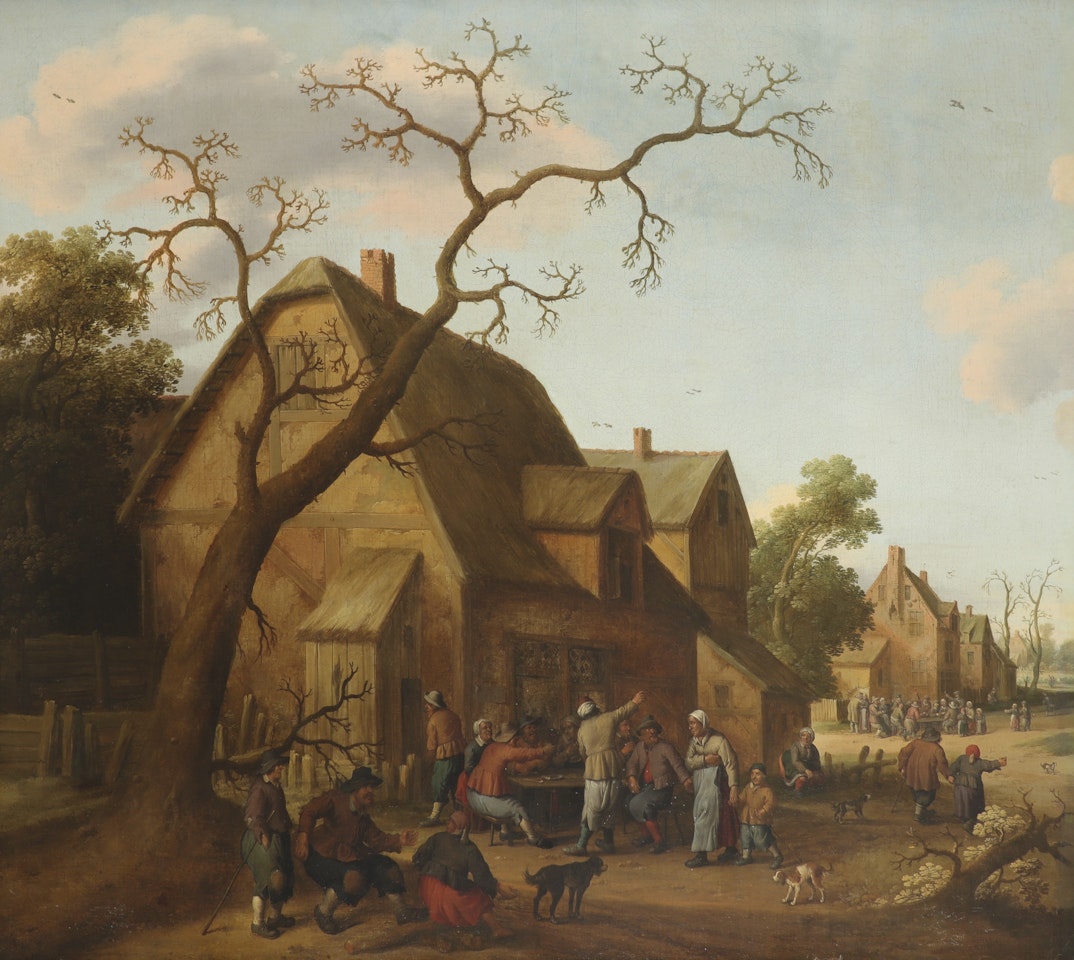 Village scene with figures at a table outside a house by Joost Cornelisz Droochsloot