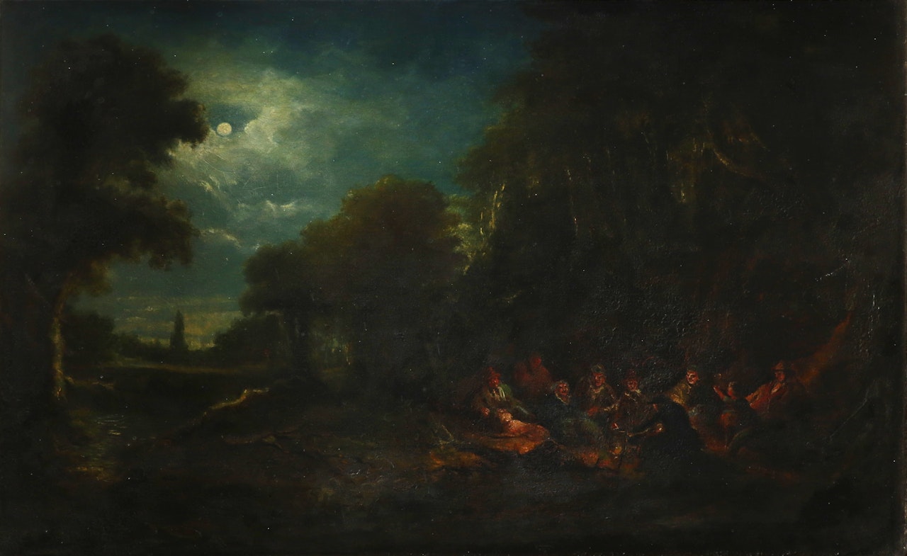 Gypsies around a campfire at night by English School