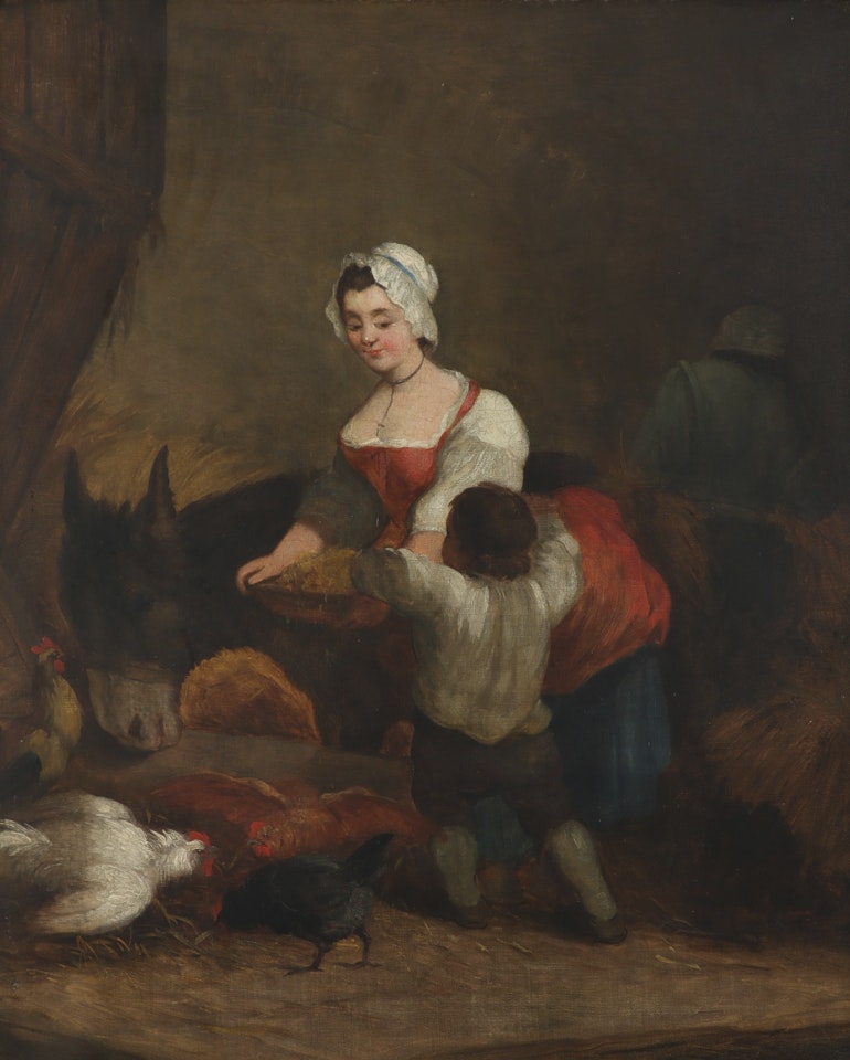 A mother and child feeding chickens and a donkey in a stable by English School