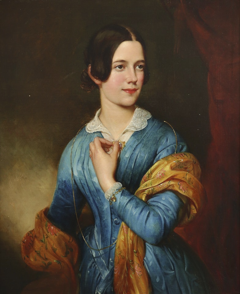 Portrait of a lady, half-length, wearing a blue dress and yellow shawl by English School