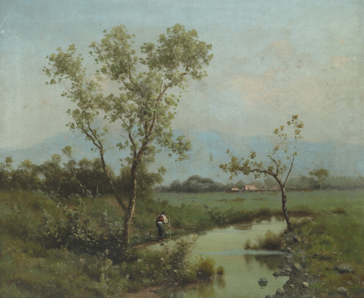 Landscape with a figure by a pond by French School