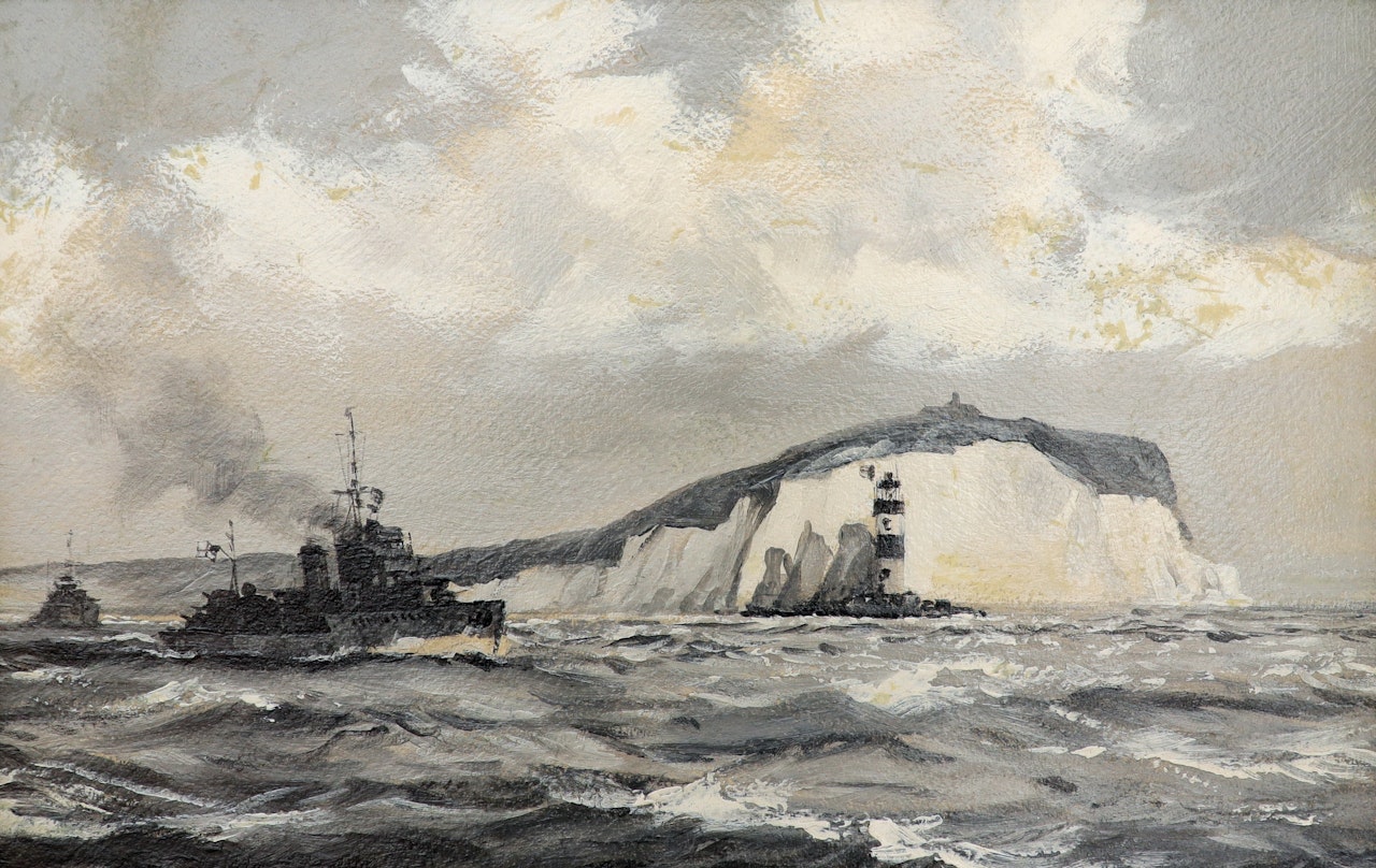 A British Destroyer passing the Needles, Isle of Wight by Montague Dawson