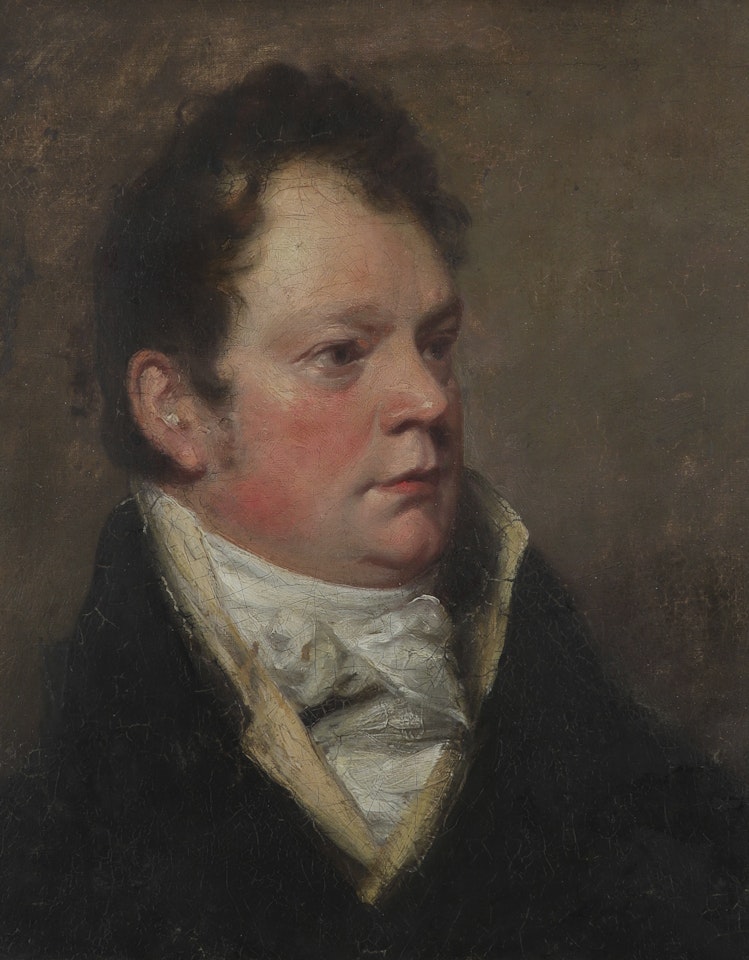 Portrait of a gentleman, bust length, in black coat, yellow waistcoat and white stock by English School