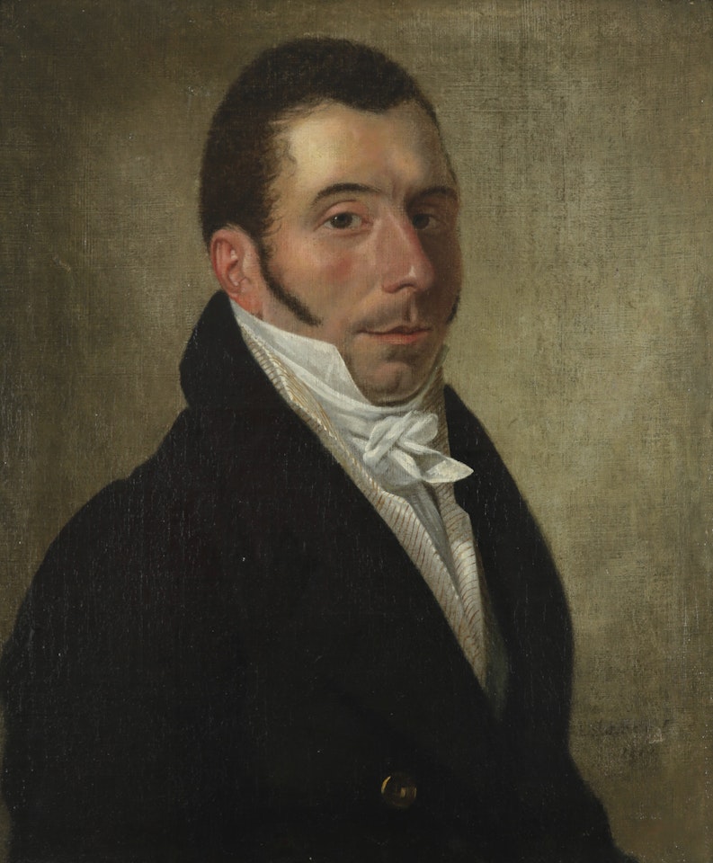 Portrait of a gentleman in a black coat, striped waistcoat and white stock by French School