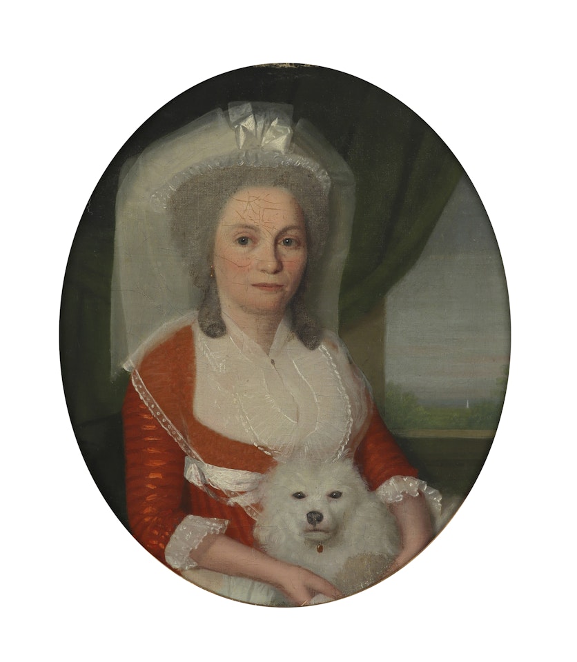 Portrait of a lady in a red dress and veil, sitting by a window with a dog by English School