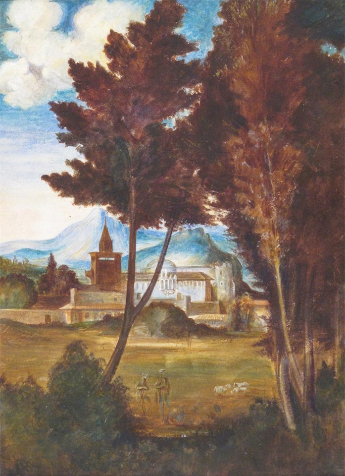 Figures in a landscape, a town beyond by English School