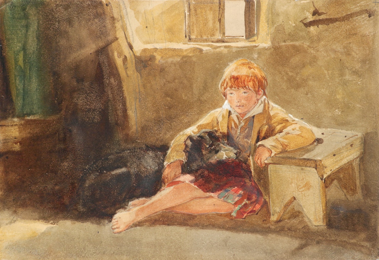 A child and his dog seated in an interior by English School