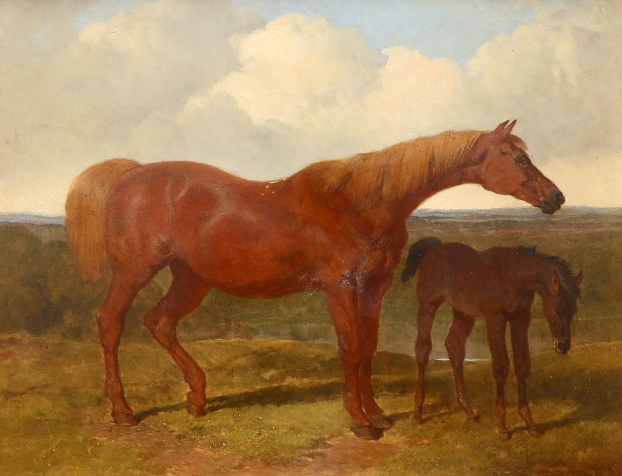 A chestnut mare and her foal in a landscape by John Frederick Herring