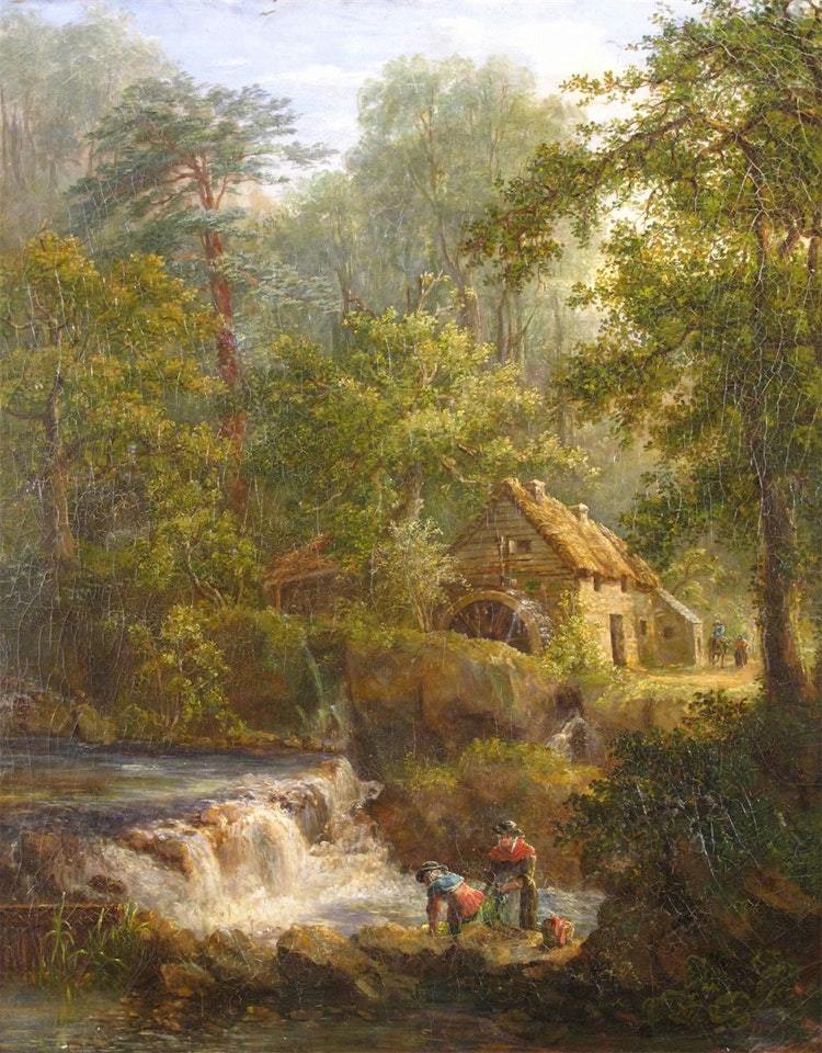 Figures by a mill in a wooded river landscape, possibly South Wales by English School
