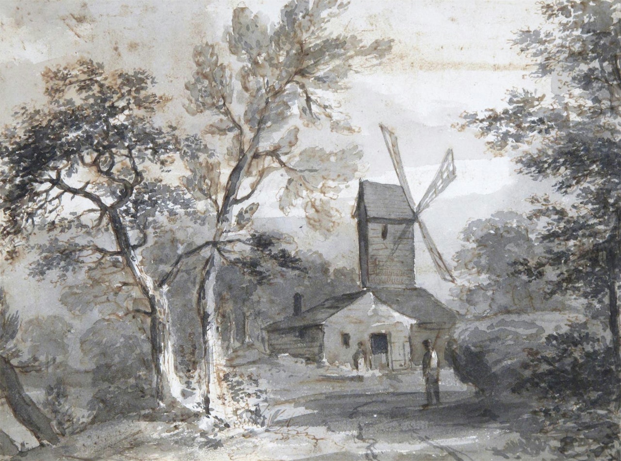 Pastoral views with figures, cattle, sheep and a windmill by English School