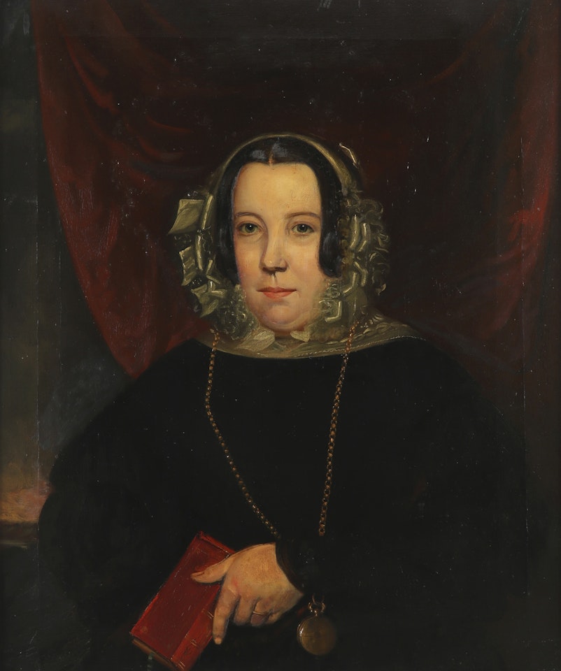 Portrait of a lady in a black dress and white bonnet holding a book by English School
