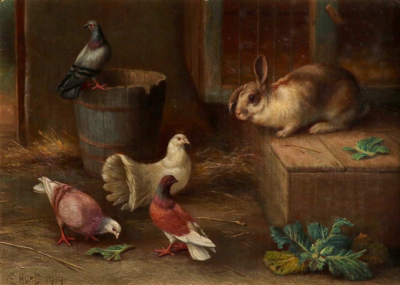 A rabbit, dove and pigeons in a barn; Chickens in a barn by Edgar Hunt
