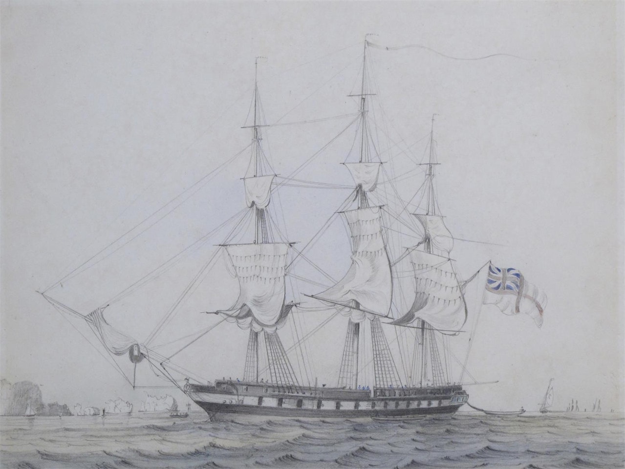 A frigate drying her sail at anchor near the Needles, Isle of Wight by English School