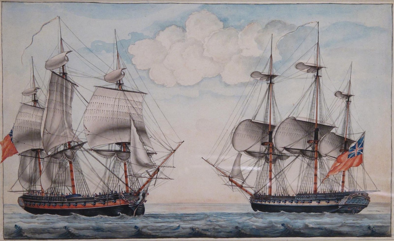 Two 38-gun frigates flying the red ensign by English School