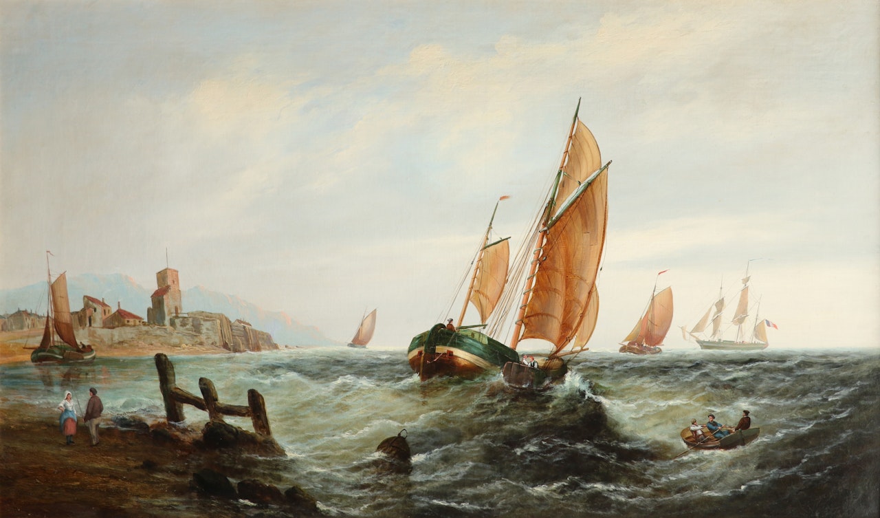 Coastal landscape with shipping boats in choppy waters, and figures on the shore by English School