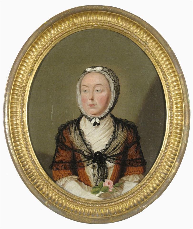 Portrait of Mrs Farrar; Half length, seated wearing a black lace bonnet and shawl and holding a rose by English School