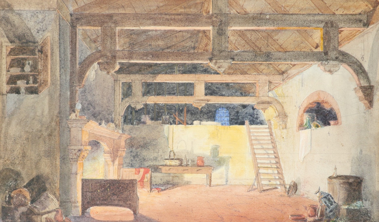 Nocturnal scene of an interior with a beamed roof by English School
