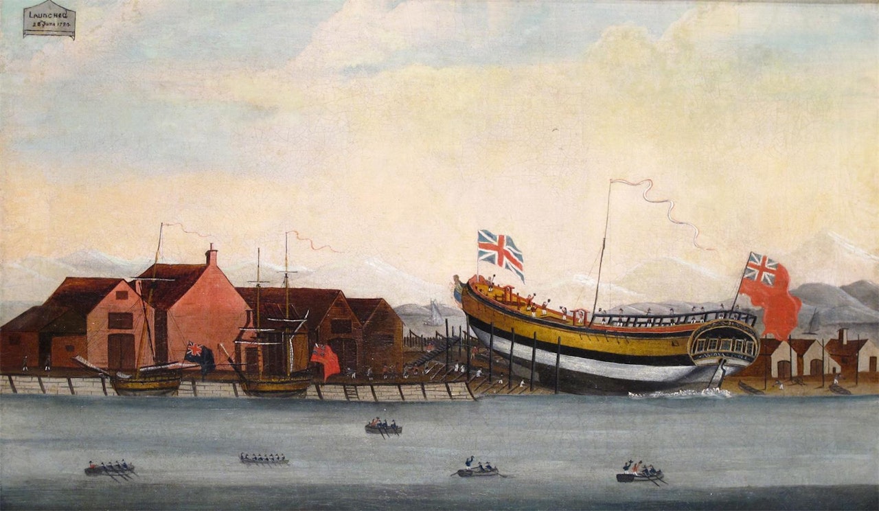 The launch of the brig Abeona of Poole by English School