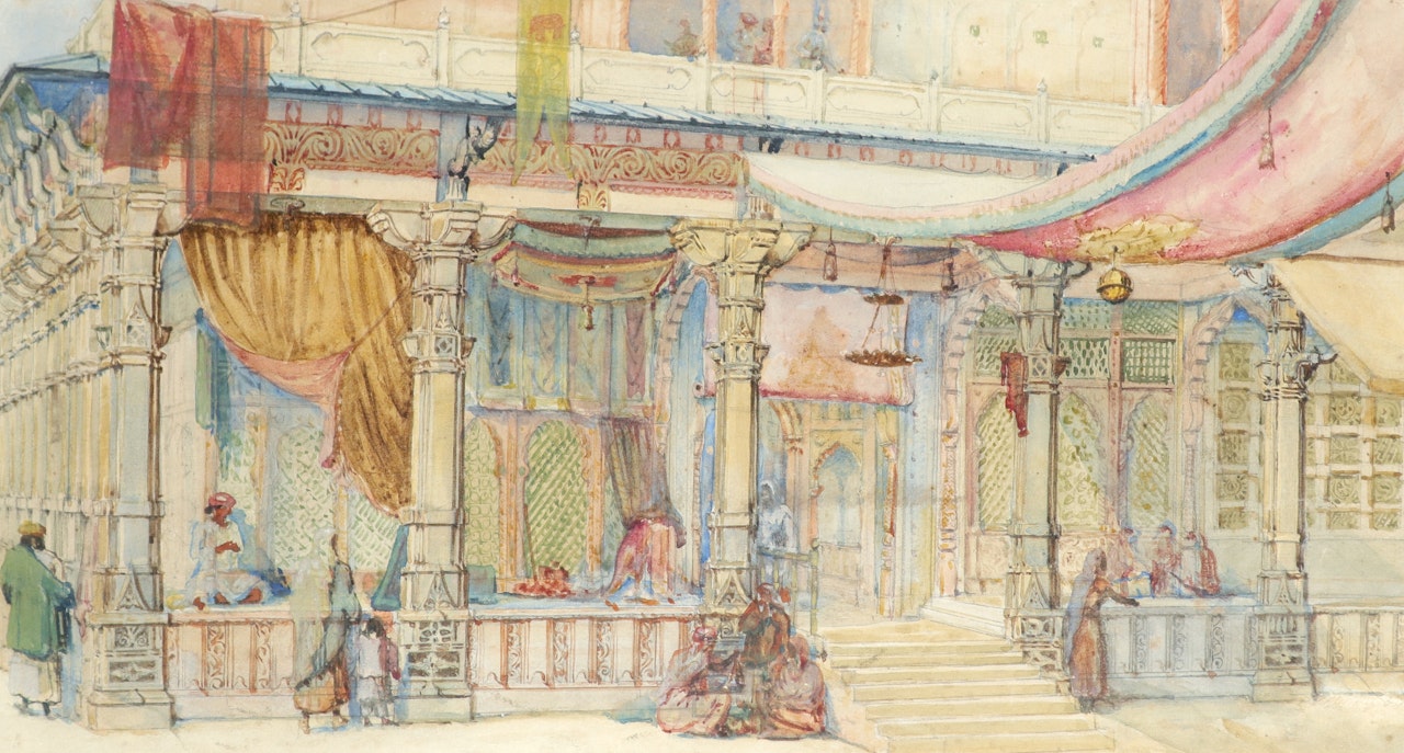 Orientalist scene with figures outside a souk by English School