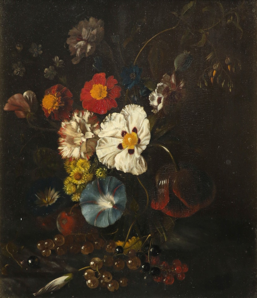 Still life with flowers and fruit on a marble ledge by Dutch School