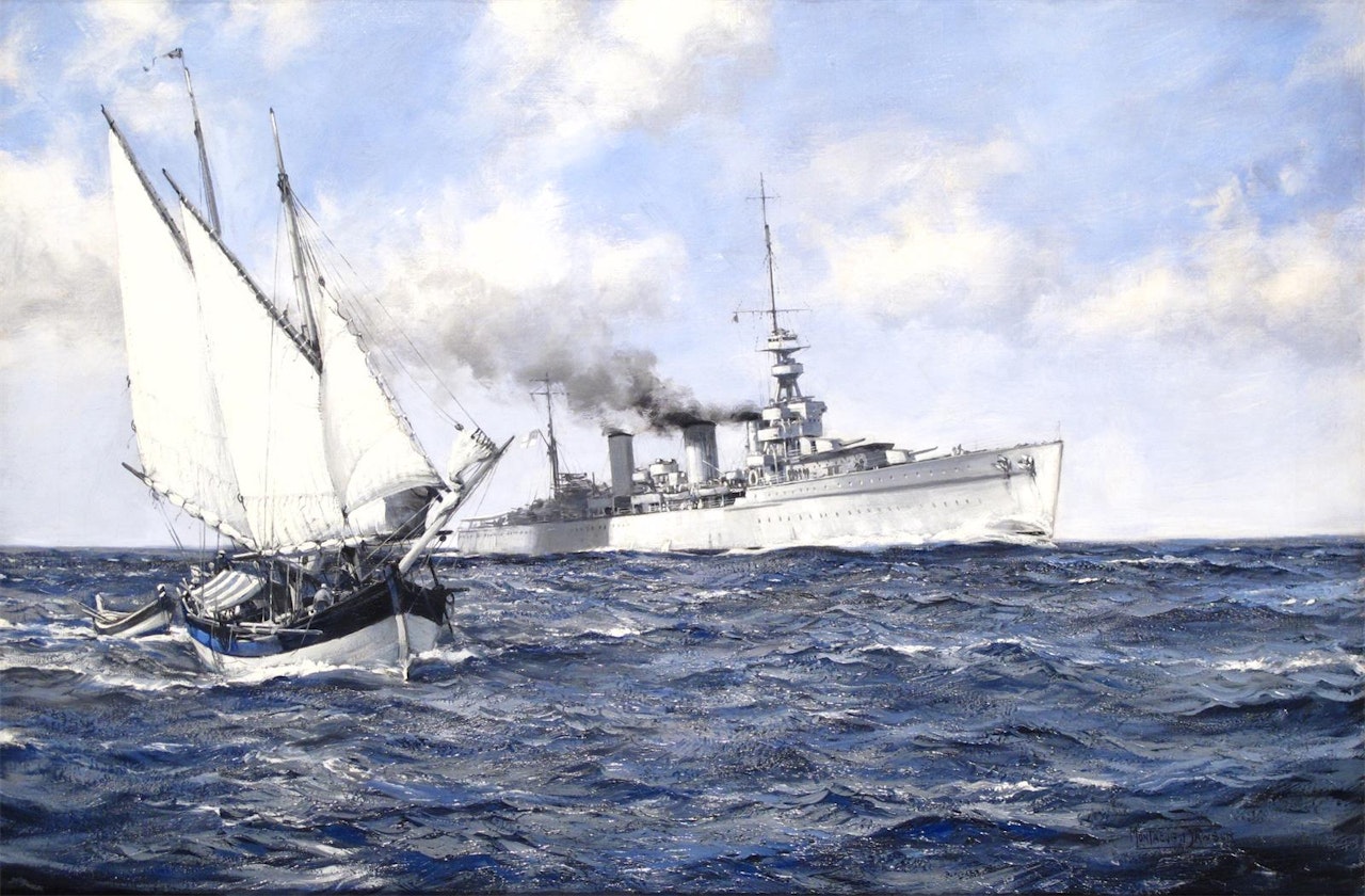 The light cruiser H.M.S. Emerald and a two masted vessel in the Mediterranean by Montague Dawson