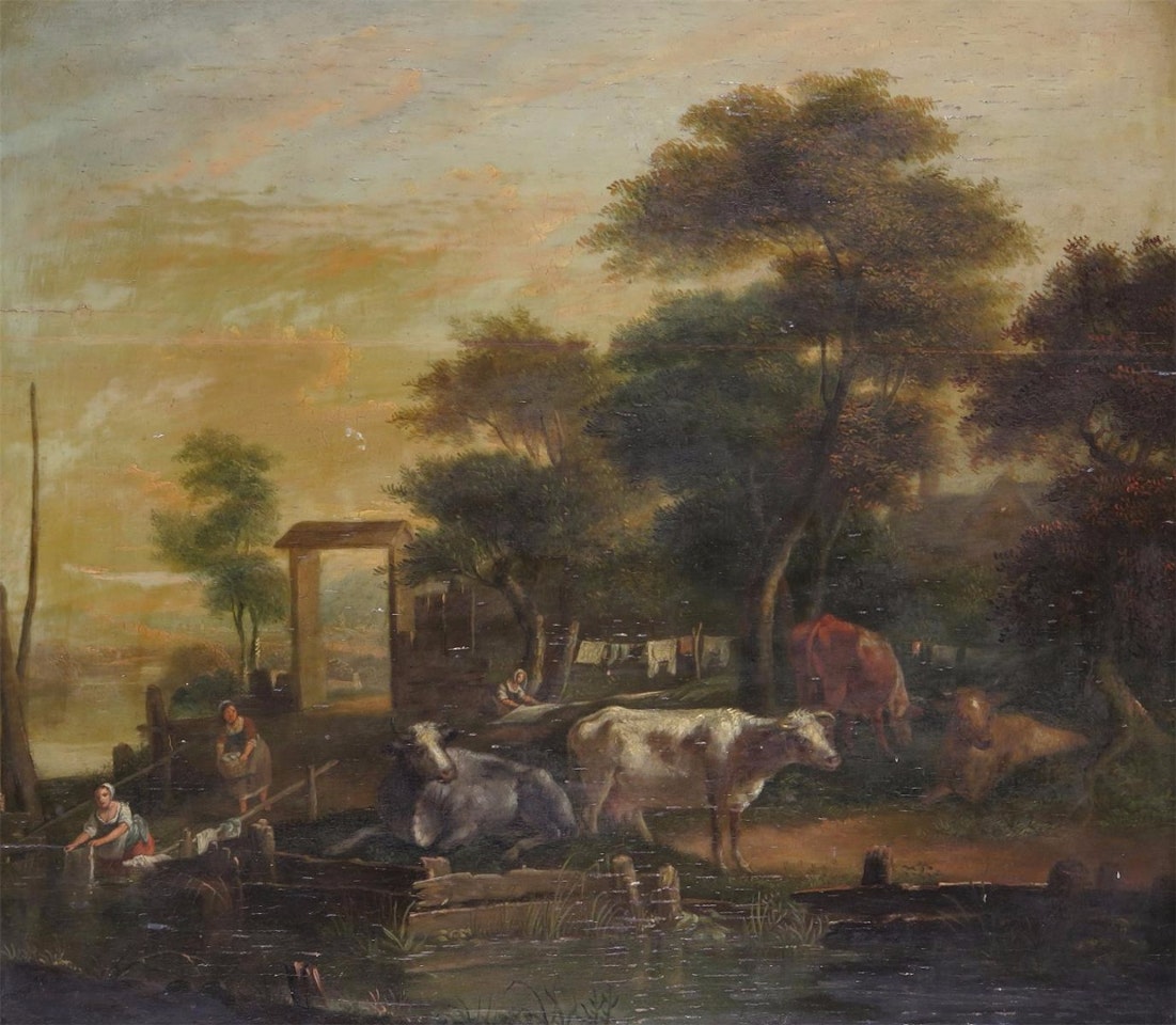 Figures and cattle by a stream by Dutch School
