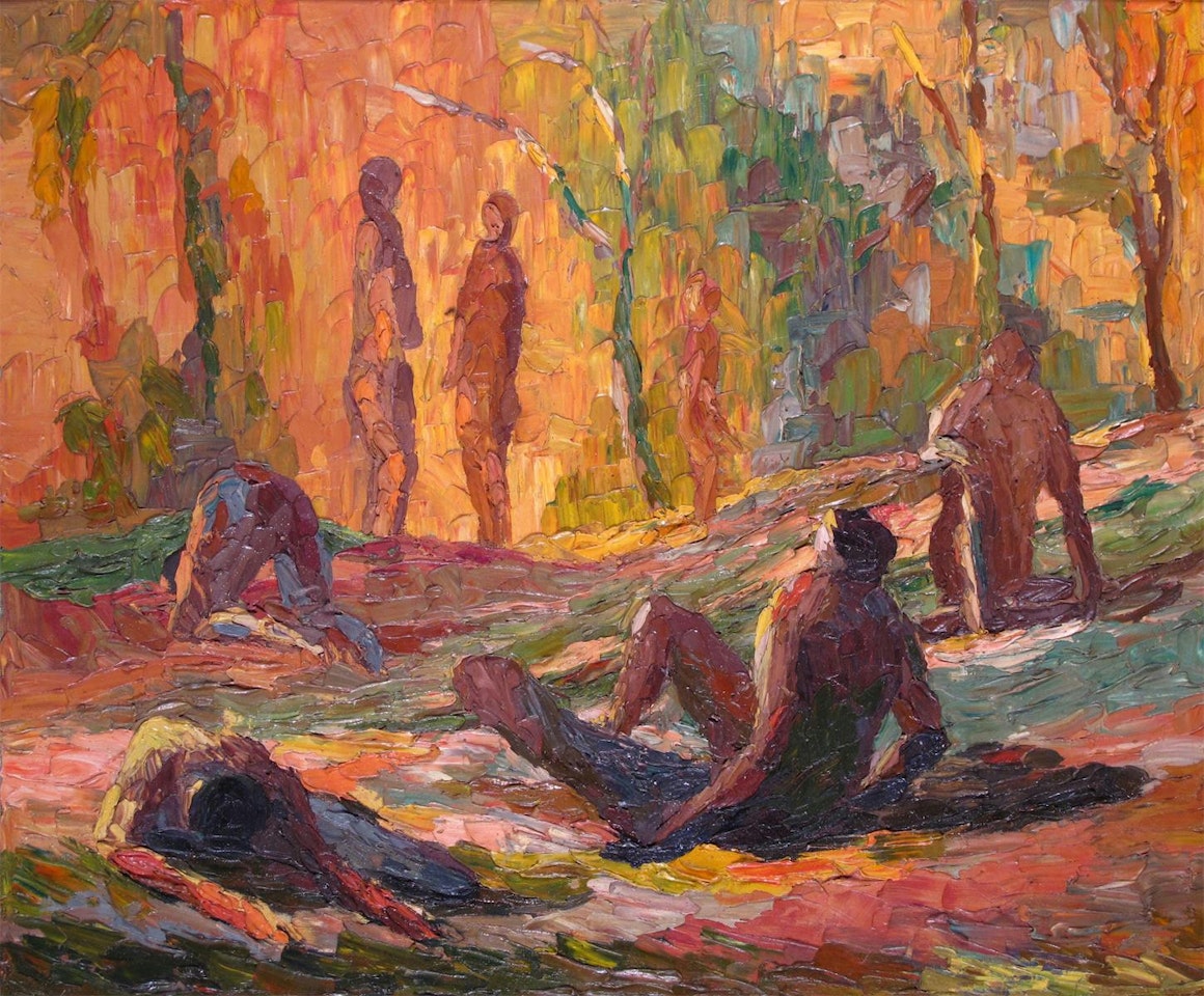 Figures in a sunlit garden by English School