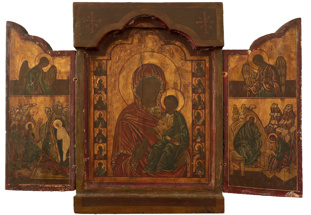 Triptych icon of the Virgin Hodegetria surrounded by saints, flanked by angels and further depictions of saints by Russian School