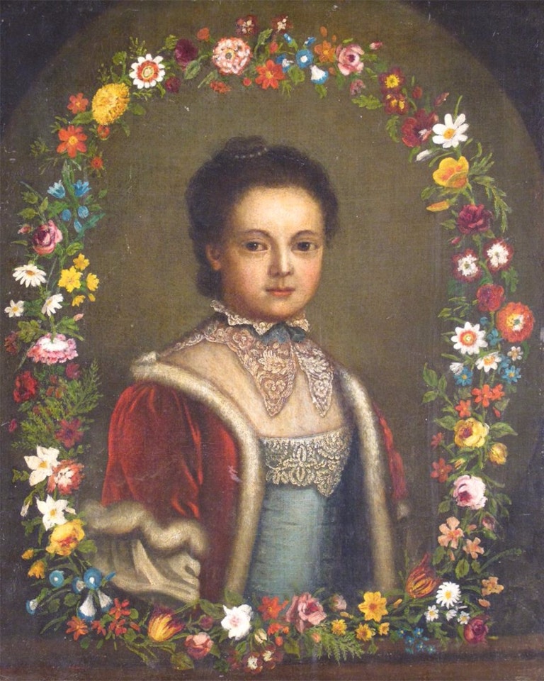 Portrait of a girl in a red fur-trimmed wrap in a painted garland by English School