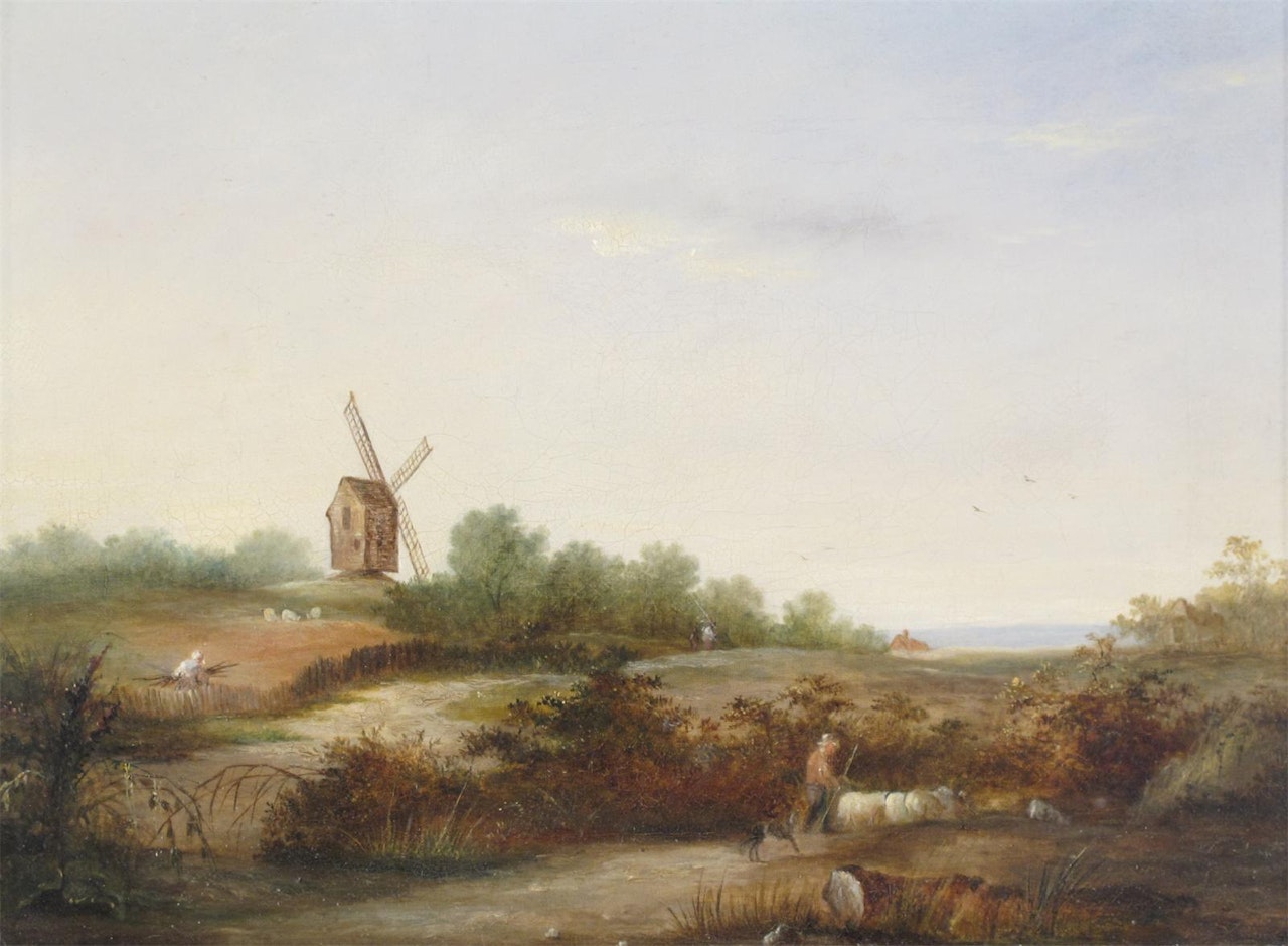 A shepherd and sheep near a windmill by English School