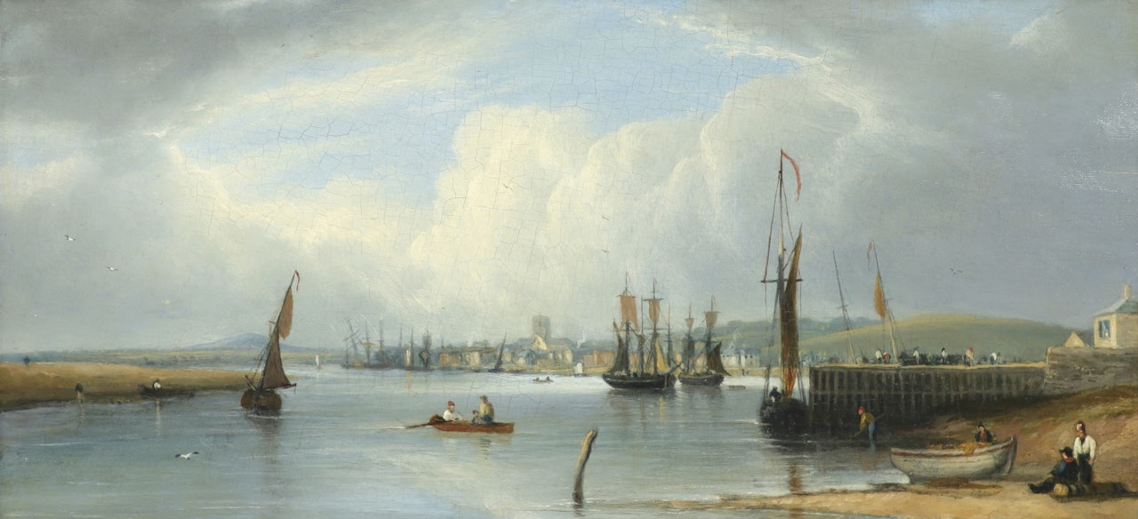Estuary scene with numerous ships anchored, a town in the distance; Estuary scene with figures in the foreground by English School