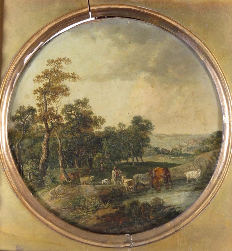 Rustic with sheep and cattle watering by Dutch School