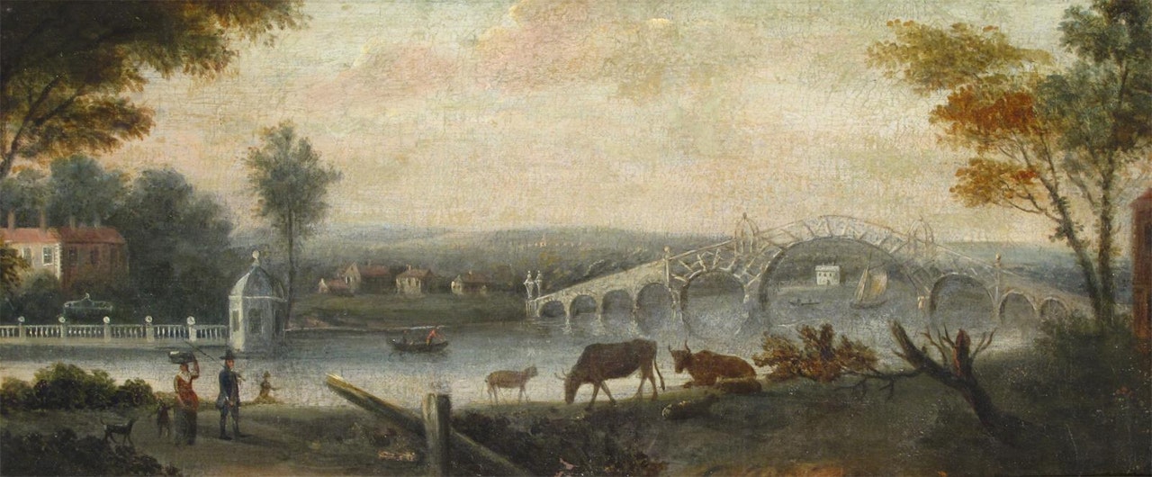 View of Old Walton Bridge over the Thames by Follower of Canaletto