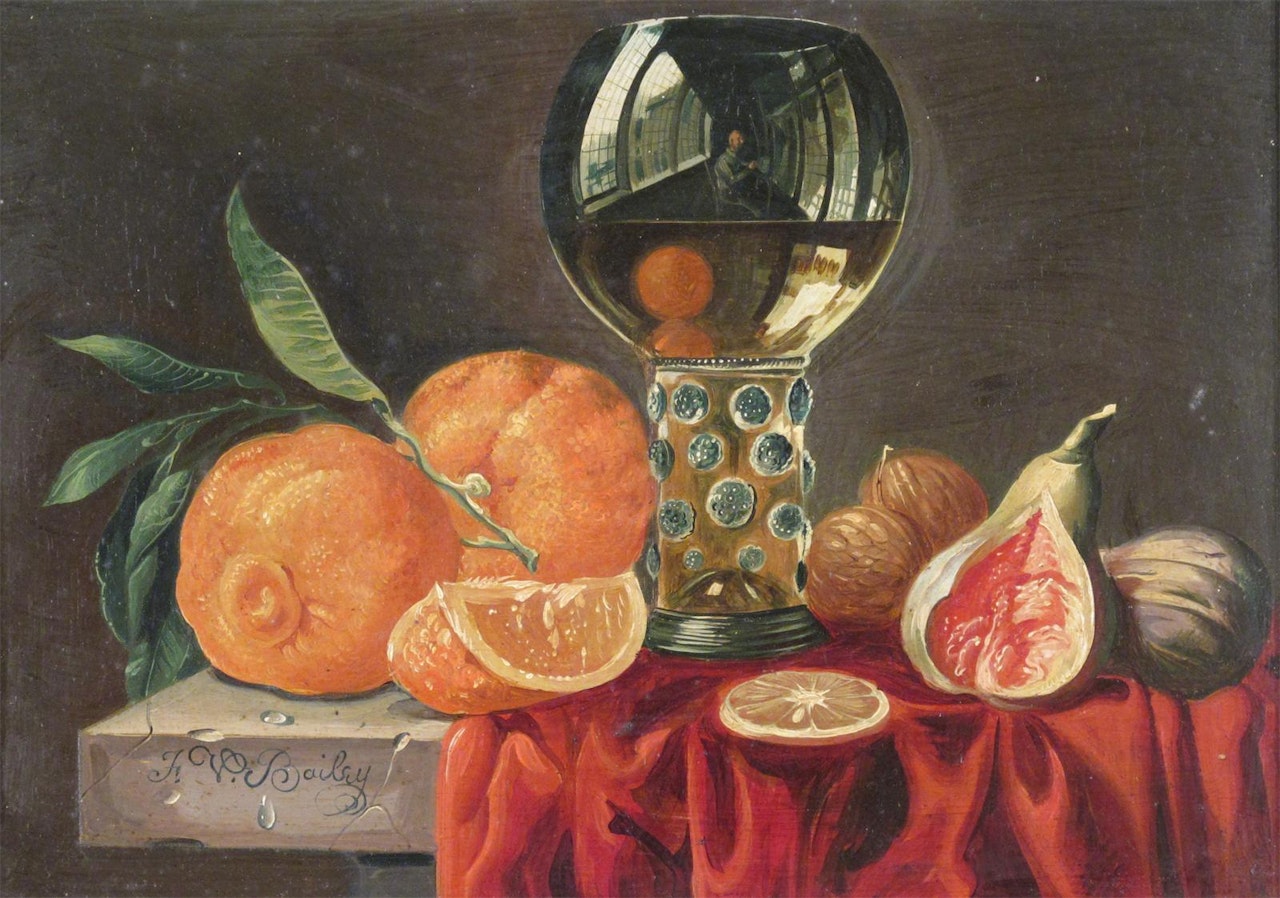 Still life of oranges and figs on a table with a roemer reflecting the artist at work by Frederick Victor Bailey